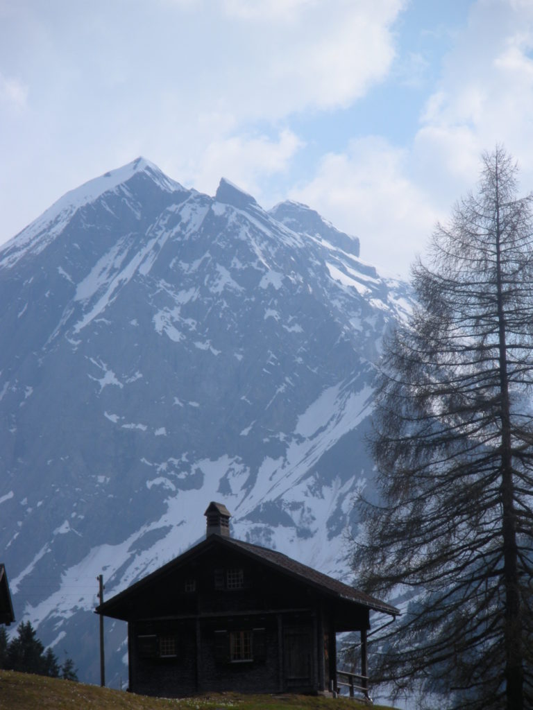 A photo taken by Deanna of a quaint cabin in Switzerland situated on a hill in front of a large, snow-topped mountain 